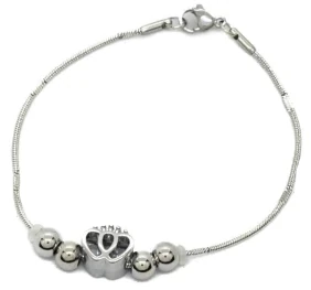 Pulsera de Acero Quirurgico eslabon cola de raton con bolitas y dije corazones corona 19cm